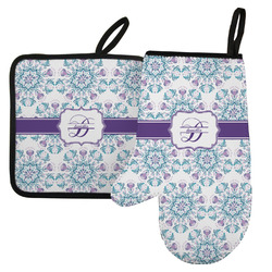 Mandala Floral Left Oven Mitt & Pot Holder Set w/ Name and Initial