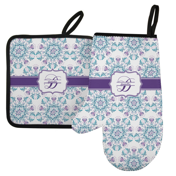 Custom Mandala Floral Left Oven Mitt & Pot Holder Set w/ Name and Initial
