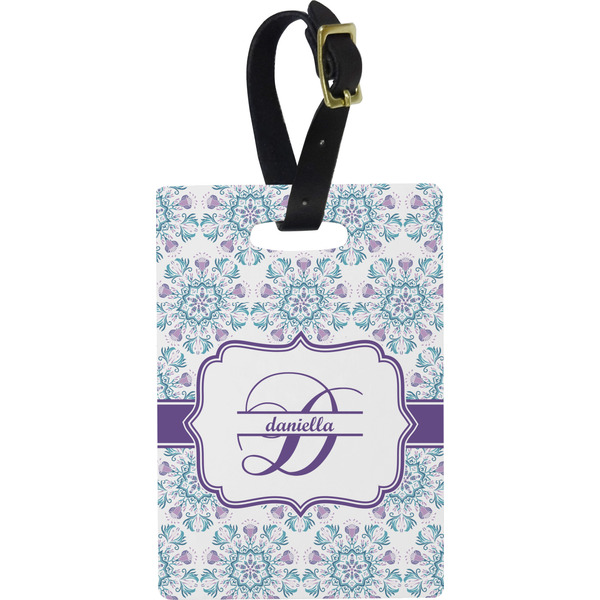 Custom Mandala Floral Plastic Luggage Tag - Rectangular w/ Name and Initial