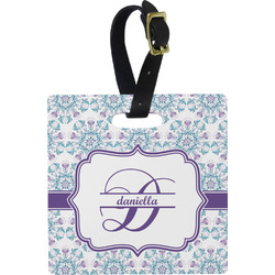 Mandala Floral Plastic Luggage Tag - Square w/ Name and Initial