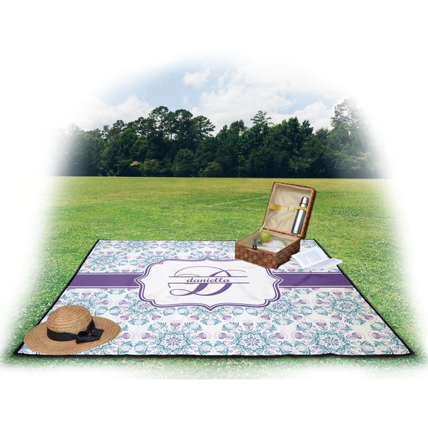 Mandala Floral Picnic Blanket - with Basket Hat and Book - in Use