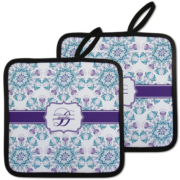 Custom Mandala Floral Pot Holders - Set of 2 w/ Name and Initial