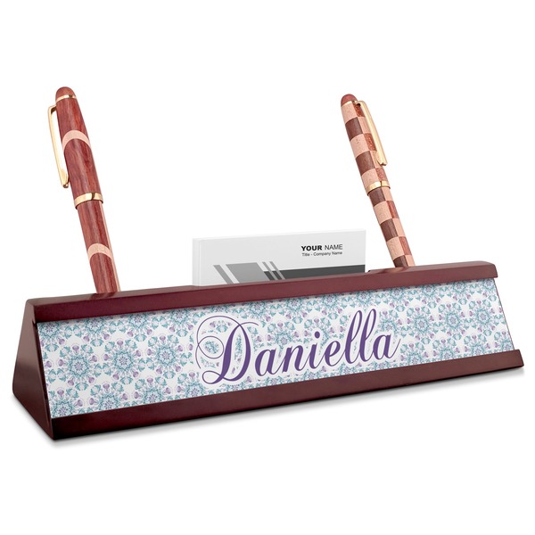 Custom Mandala Floral Red Mahogany Nameplate with Business Card Holder (Personalized)