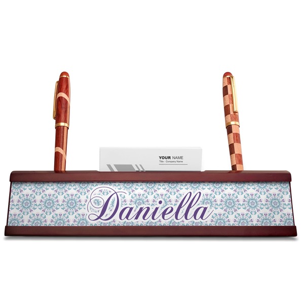 Mandala Floral Red Mahogany Nameplates with Business Card Holder - Straight