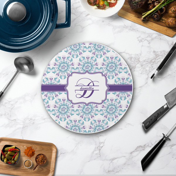 Mandala Floral Round Stone Trivet - In Context View