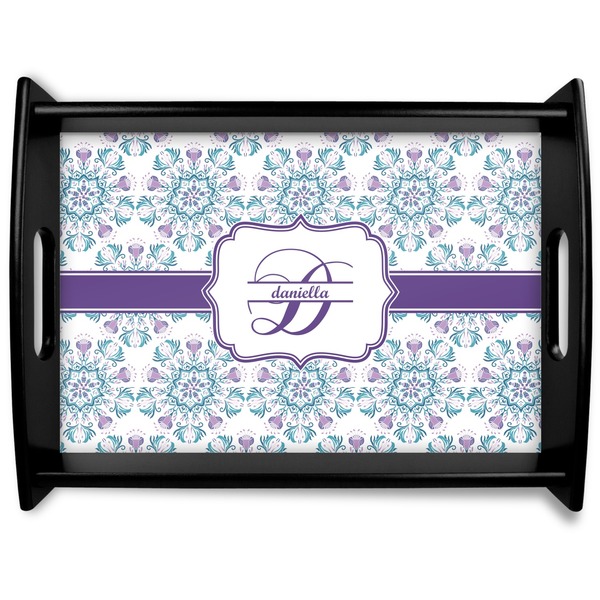 Custom Mandala Floral Black Wooden Tray - Large (Personalized)