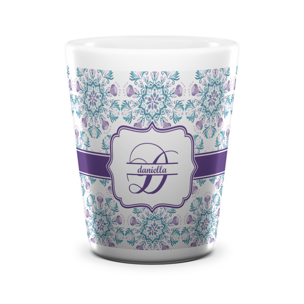 Custom Mandala Floral Ceramic Shot Glass - 1.5 oz - White - Set of 4 (Personalized)