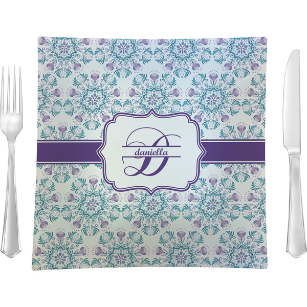 Custom Mandala Floral 9.5" Glass Square Lunch / Dinner Plate- Single or Set of 4 (Personalized)