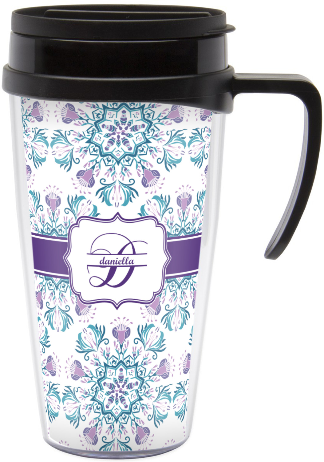 Mandala Floral Acrylic Travel Mug with Handle (Personalized