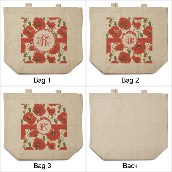 Poppies 3 Reusable Cotton Grocery Bags - Front & Back View