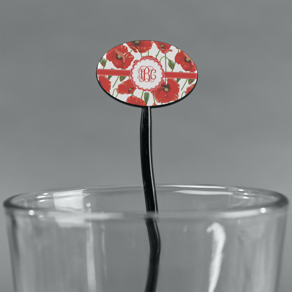 Poppies Black Plastic 7" Stir Stick - Oval - Main