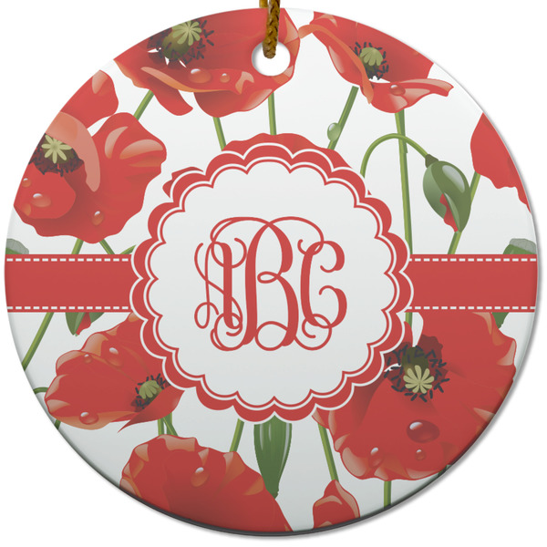 Custom Poppies Round Ceramic Ornament w/ Monogram