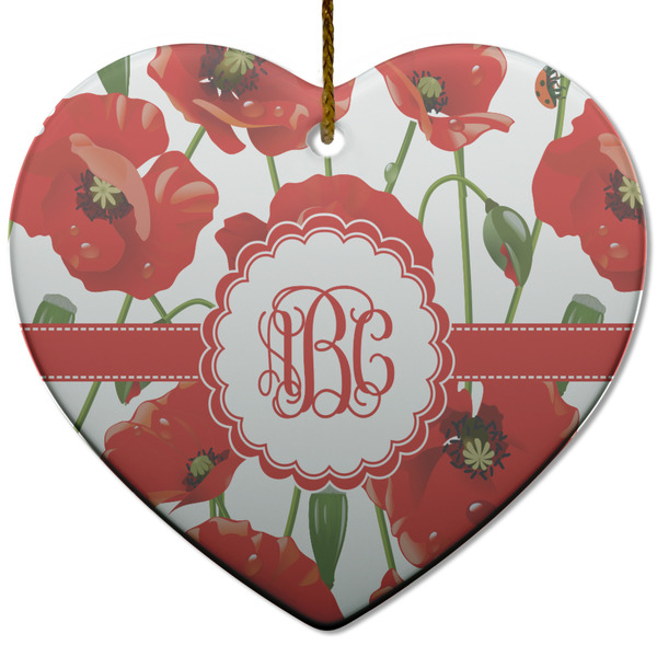 Custom Poppies Heart Ceramic Ornament w/ Monogram