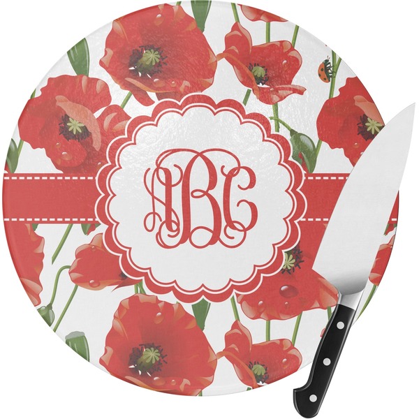 Custom Poppies Round Glass Cutting Board - Medium (Personalized)