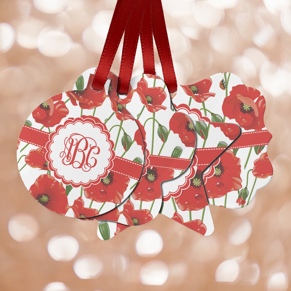 Custom Poppies Metal Ornaments - Double Sided w/ Monogram