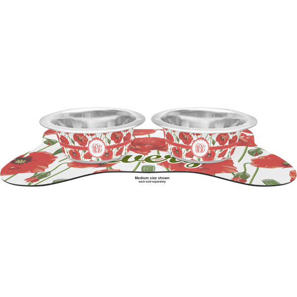 Poppies Metal Pet Bowls - On Dog Bone Shaped Mat