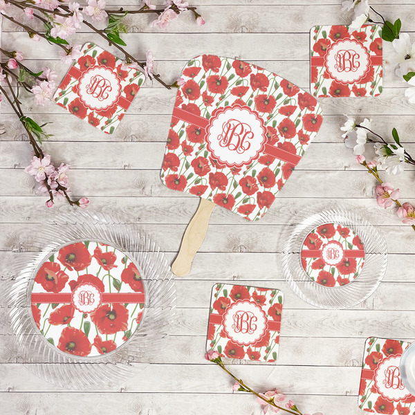 Poppies Party Supplies Combination Image - All items - Plates, Coasters, Fans