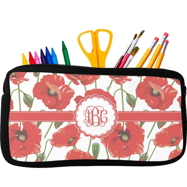 Custom Poppies Neoprene Pencil Case - Small w/ Monogram