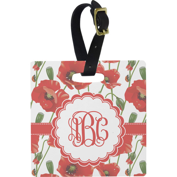 Custom Poppies Plastic Luggage Tag - Square w/ Monogram