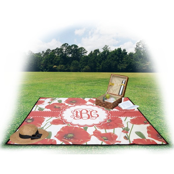 Poppies Picnic Blanket - with Basket Hat and Book - in Use