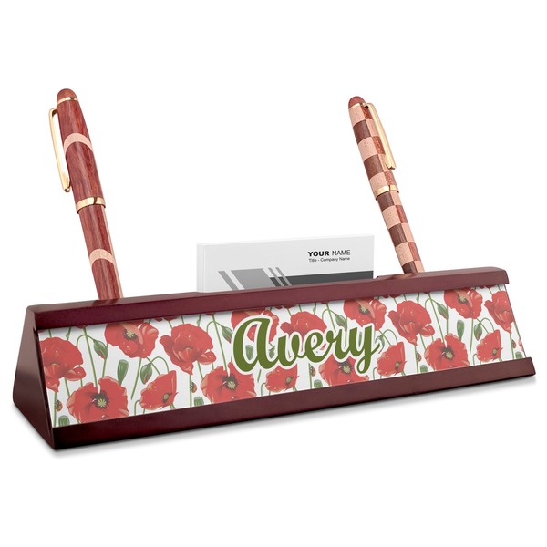 Custom Poppies Red Mahogany Nameplate with Business Card Holder (Personalized)