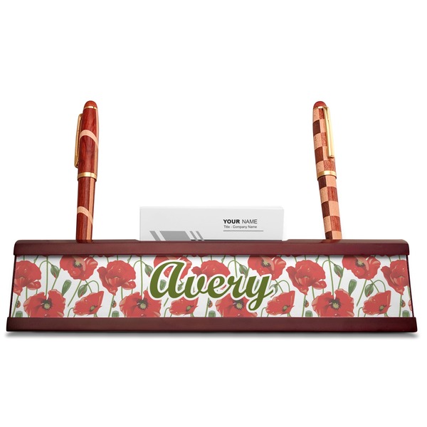 Poppies Red Mahogany Nameplates with Business Card Holder - Straight