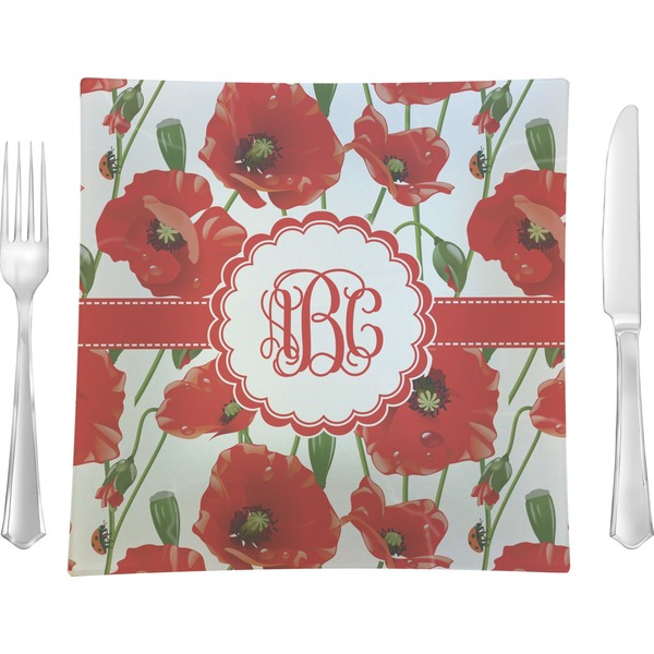 Custom Poppies 9.5" Glass Square Lunch / Dinner Plate- Single or Set of 4 (Personalized)