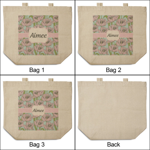 Wild Tulips 3 Reusable Cotton Grocery Bags - Front & Back View
