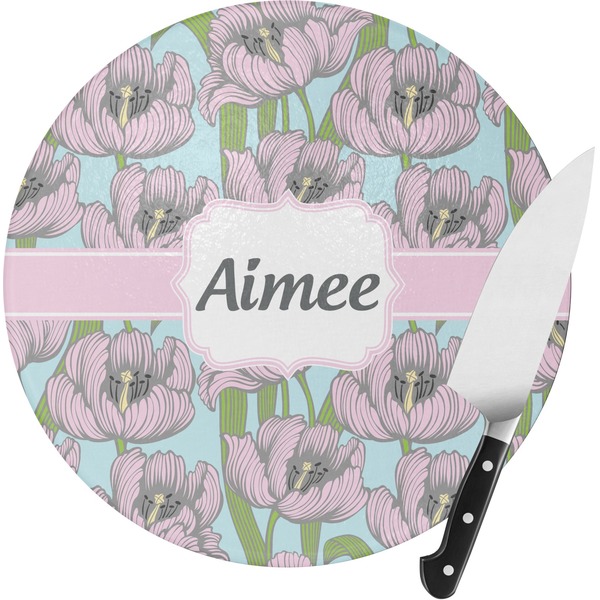 Custom Wild Tulips Round Glass Cutting Board - Small (Personalized)