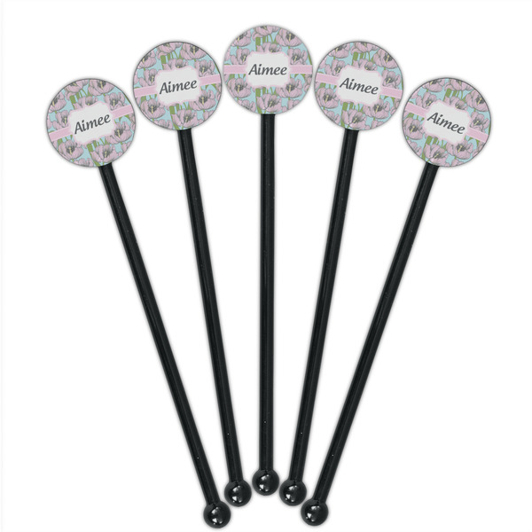 Wild Tulips Black Plastic 5.5" Stir Stick - Round - Fan View