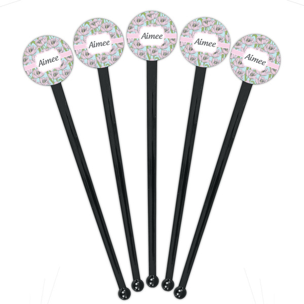 Wild Tulips Black Plastic 7" Stir Stick - Round - Fan View