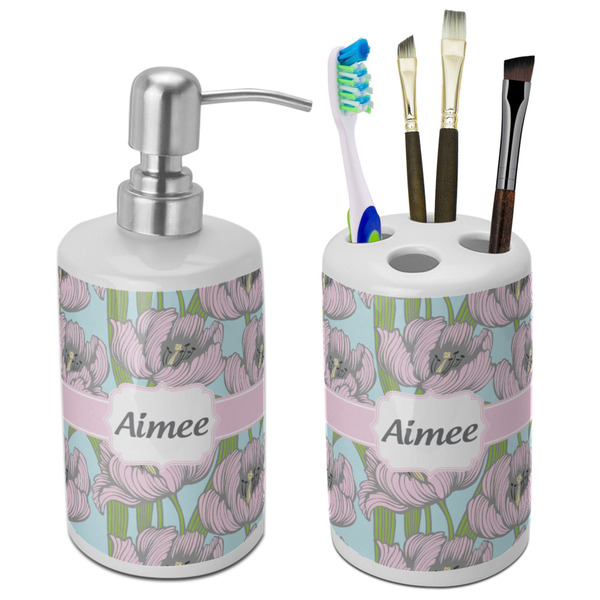 Custom Wild Tulips Ceramic Bathroom Accessories Set (Personalized)
