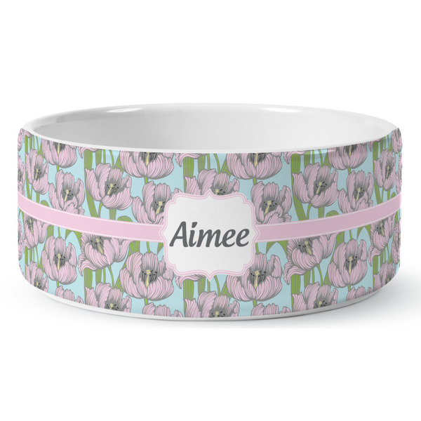 Custom Wild Tulips Ceramic Dog Bowl - Large (Personalized)