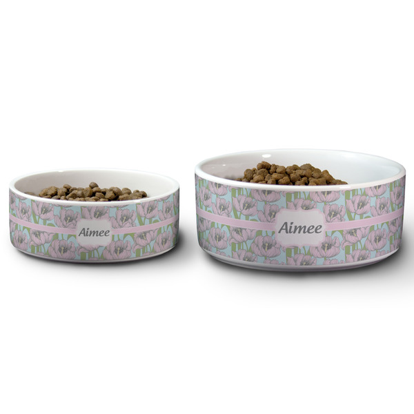 Wild Tulips Ceramic Dog Bowls - Size Comparison
