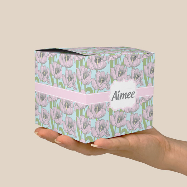 Wild Tulips Cube Favor Gift Box - On Hand - Scale View