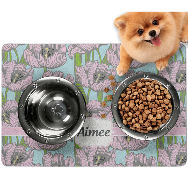 Custom Wild Tulips Dog Food Mat - Small w/ Name or Text