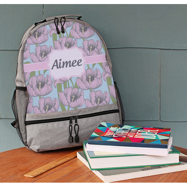 Wild Tulips Large Backpack - Gray - On Desk