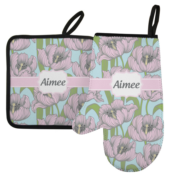 Custom Wild Tulips Left Oven Mitt & Pot Holder Set w/ Name or Text