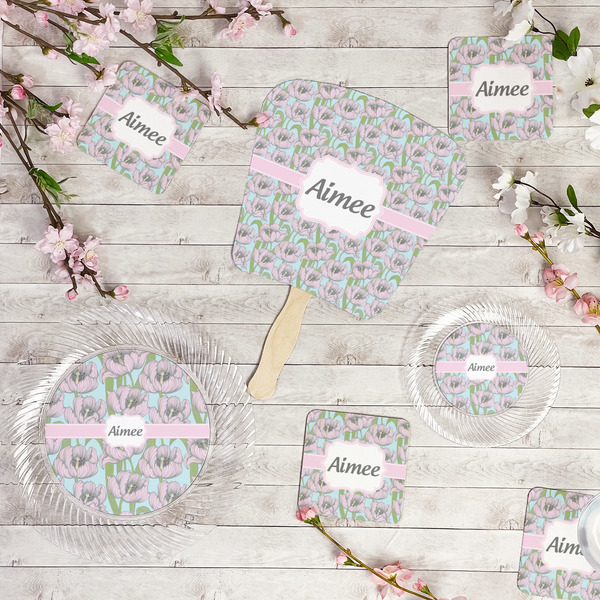 Wild Tulips Party Supplies Combination Image - All items - Plates, Coasters, Fans