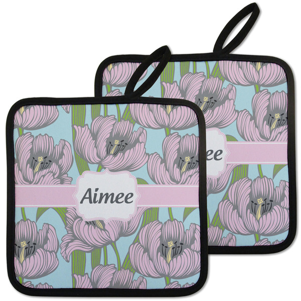 Custom Wild Tulips Pot Holders - Set of 2 w/ Name or Text