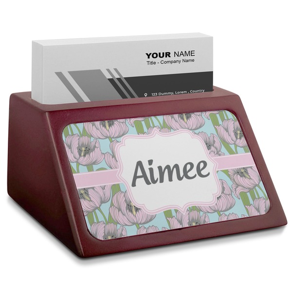 Custom Wild Tulips Red Mahogany Business Card Holder (Personalized)