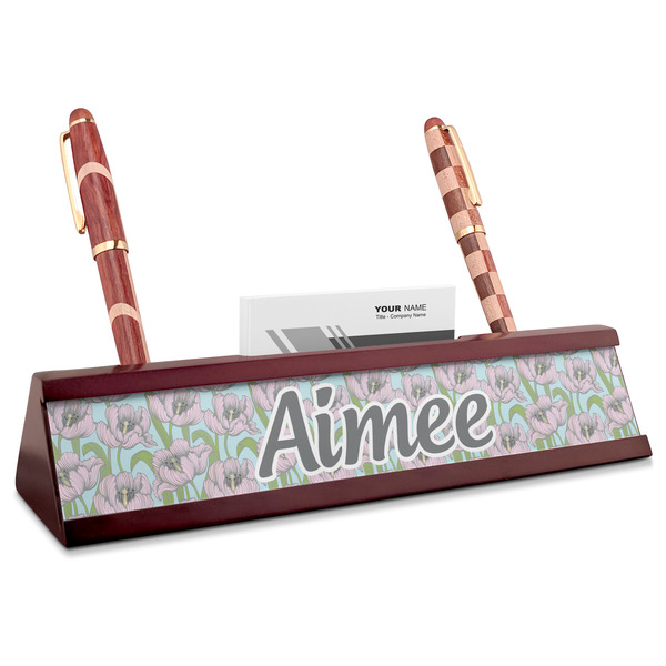 Custom Wild Tulips Red Mahogany Nameplate with Business Card Holder (Personalized)