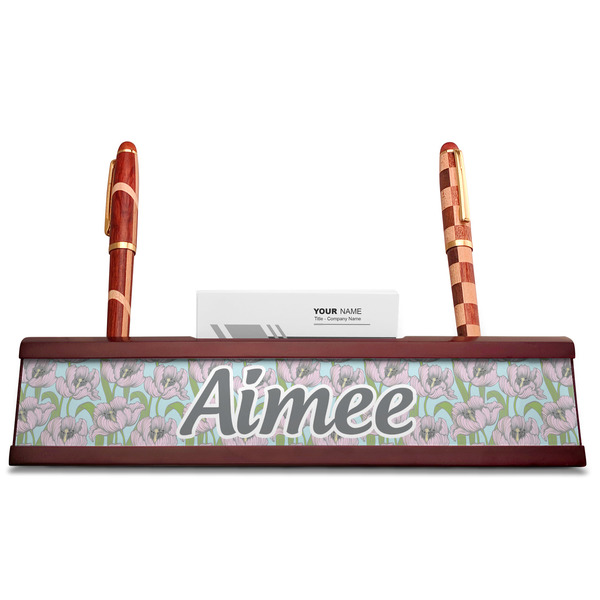 Wild Tulips Red Mahogany Nameplates with Business Card Holder - Straight