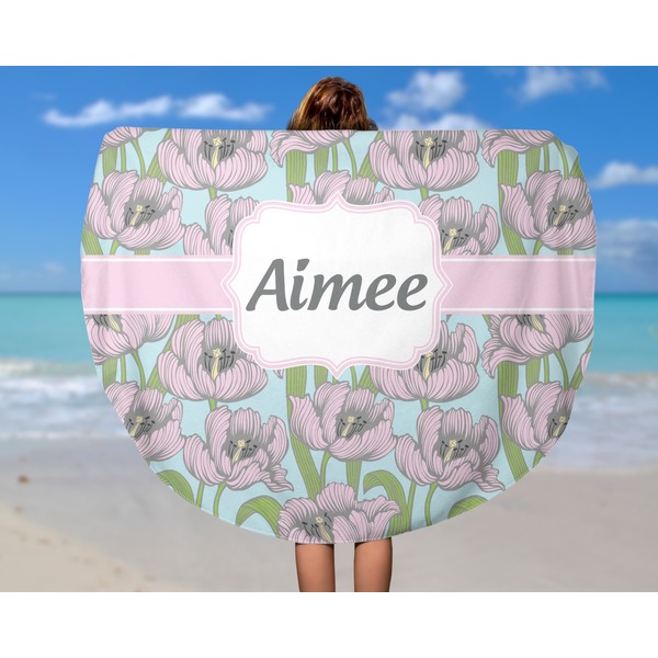 Wild Tulips Round Beach Towel - In Use