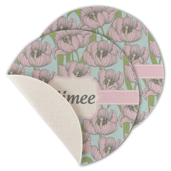 Custom Wild Tulips Round Linen Placemat - Single Sided - Set of 4 (Personalized)