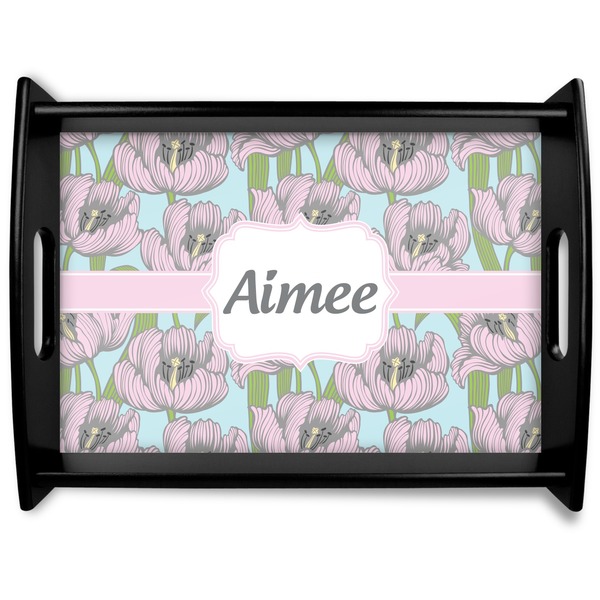 Custom Wild Tulips Black Wooden Tray - Large (Personalized)