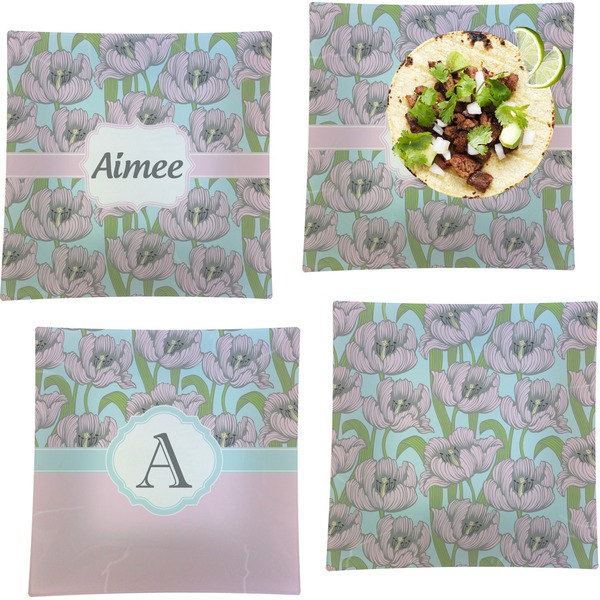 Custom Wild Tulips Set of 4 Glass Square Lunch / Dinner Plate 9.5" (Personalized)