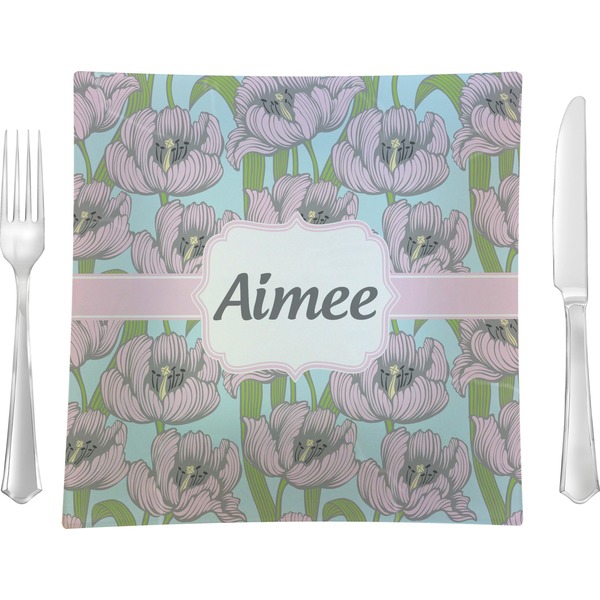 Custom Wild Tulips 9.5" Glass Square Lunch / Dinner Plate- Single or Set of 4 (Personalized)