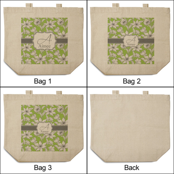 Wild Daisies 3 Reusable Cotton Grocery Bags - Front & Back View
