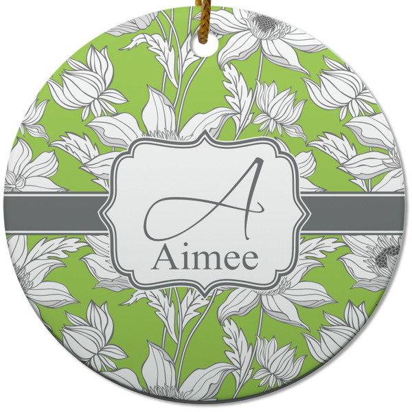 Custom Wild Daisies Round Ceramic Ornament w/ Name and Initial
